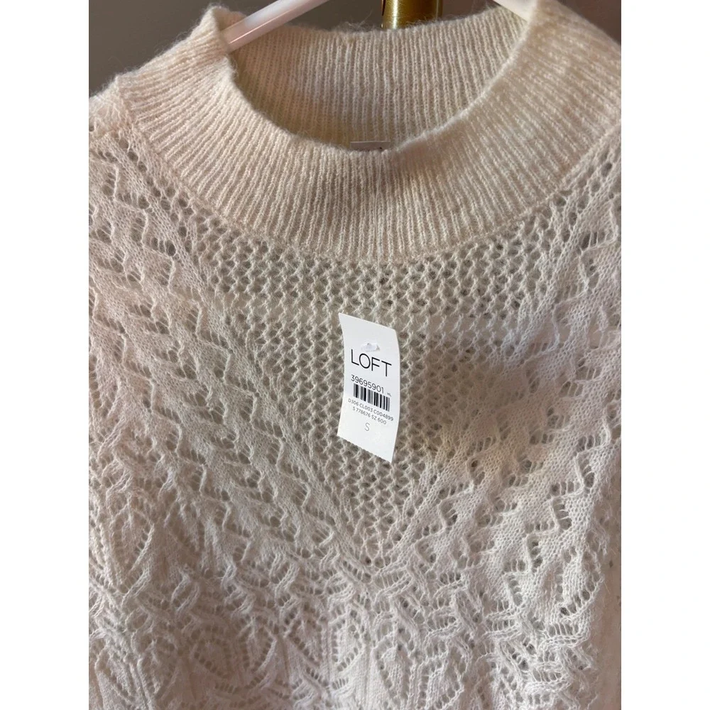 NWT-LOFT Pointelle Mock Neck Sweater‎ Cream Ivory Open Knit Wool Blend Small